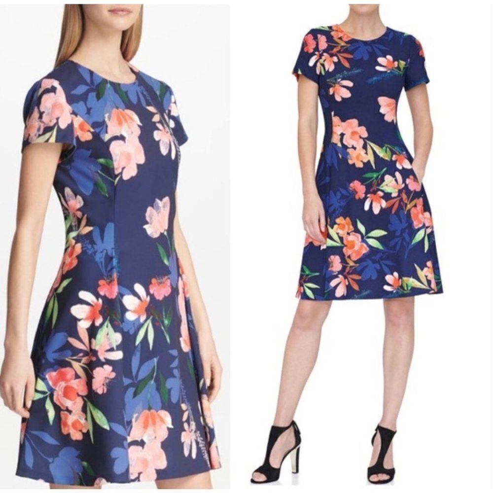 DKNY Women Floral Short Sleeve A-Line Crepe Dress with Pockets Size 16 <3